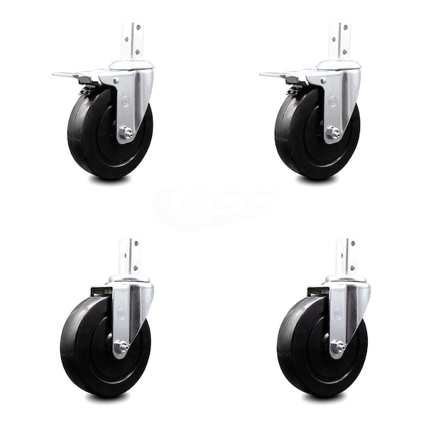 5 Inch Hard Rubber Swivel 7/8 Inch Square Stem Caster Total Lock Brakes, 2PK